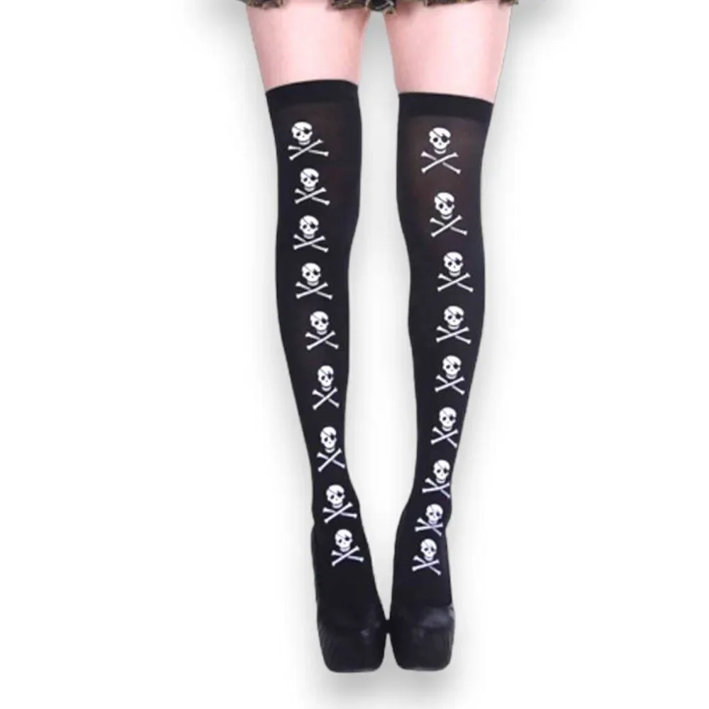 Black Bad To The Bone Thigh High Lightweight Stockings Over Knee Socks